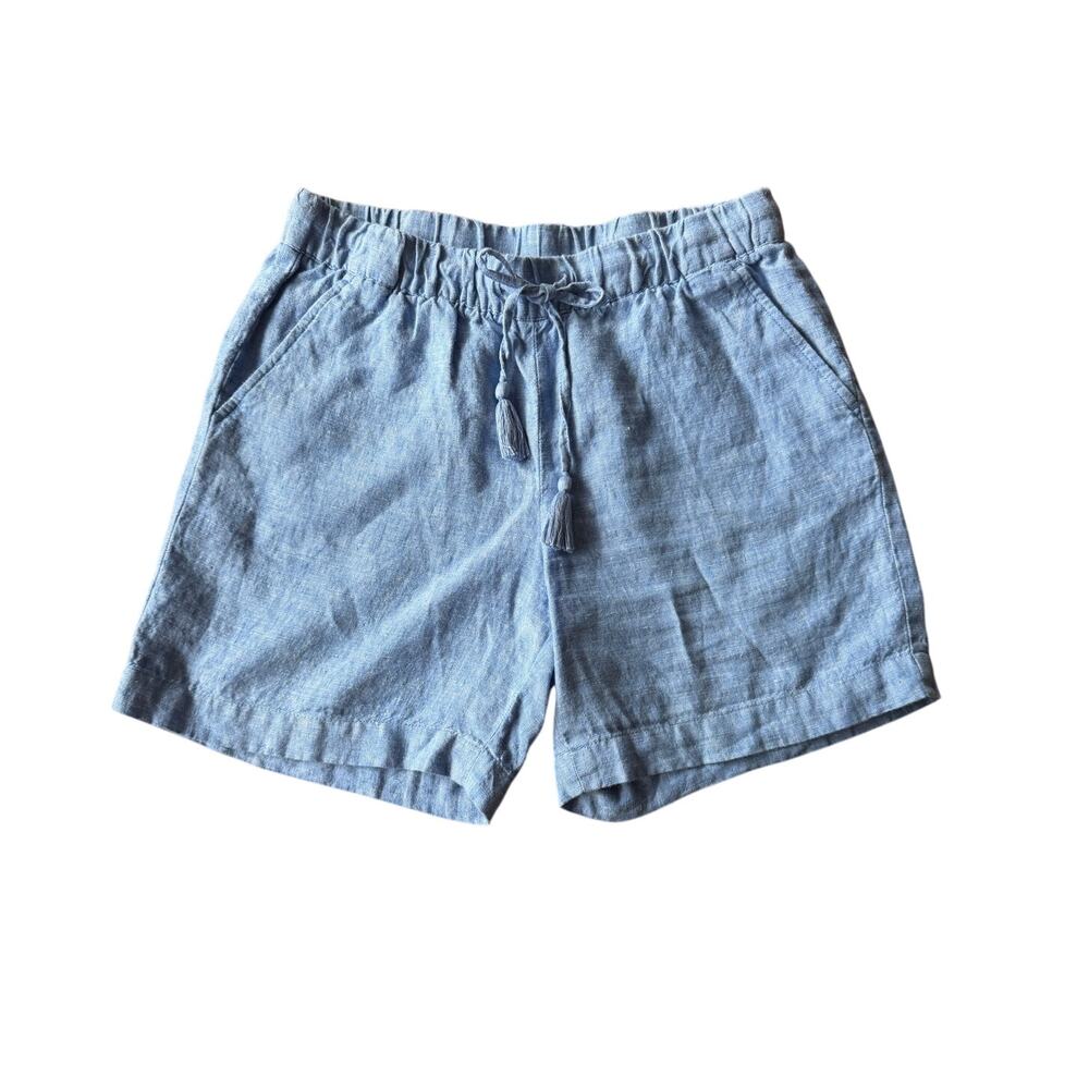Talbots 100% Linen Tassel Drawstring Shorts Women's Small Blue Chambray